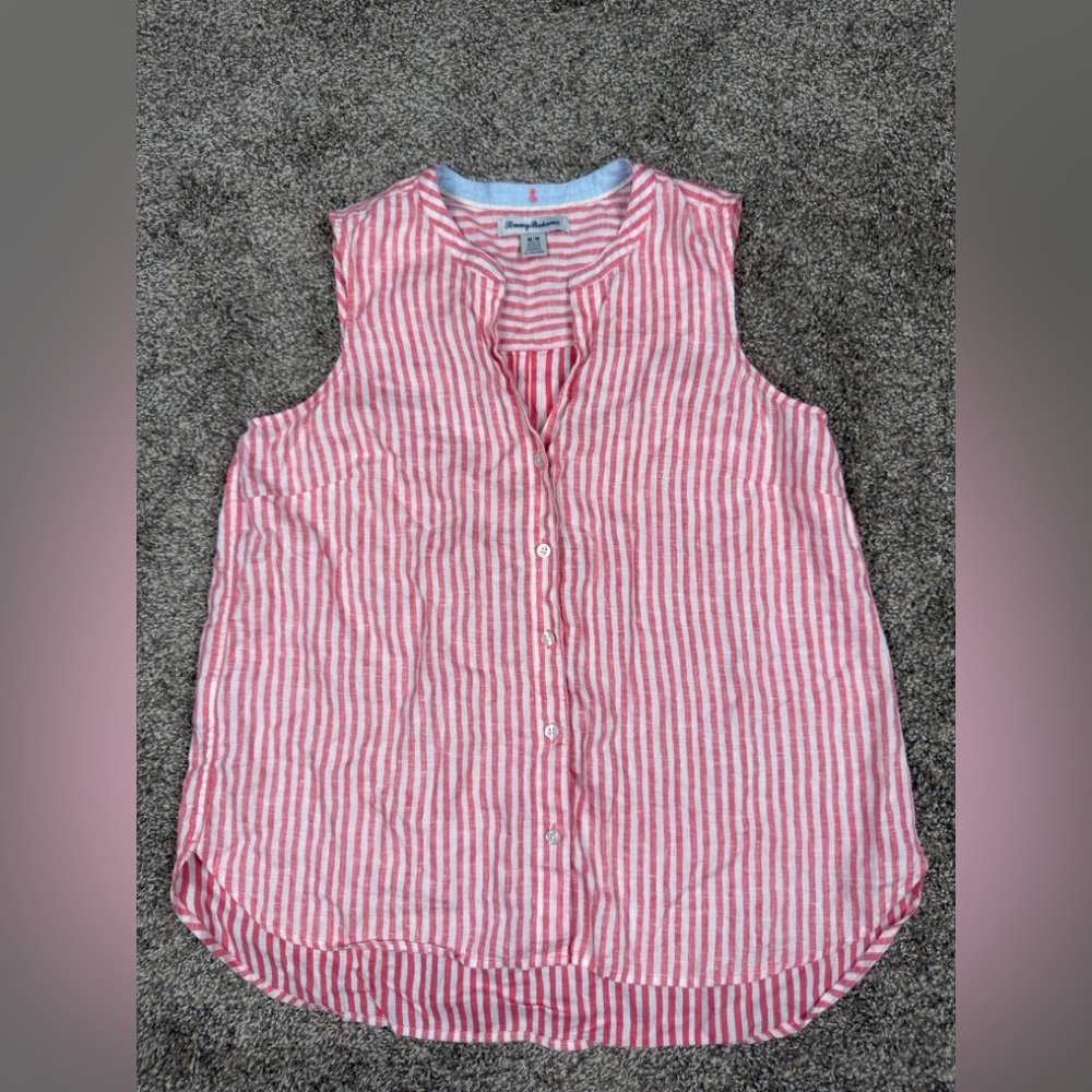 Tommy Bahama Ocean Surf Stripe 100% Linen Button Up Top Pink Women’s Size M